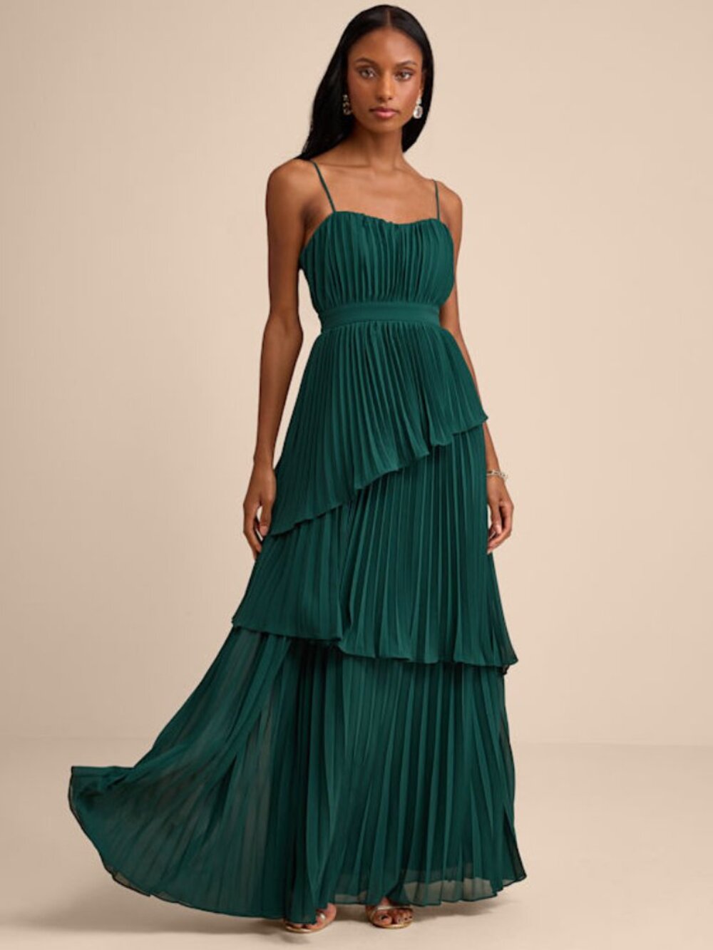 Lulus Jehona Emerald Green Pleated Tiered Maxi Dress - Size M